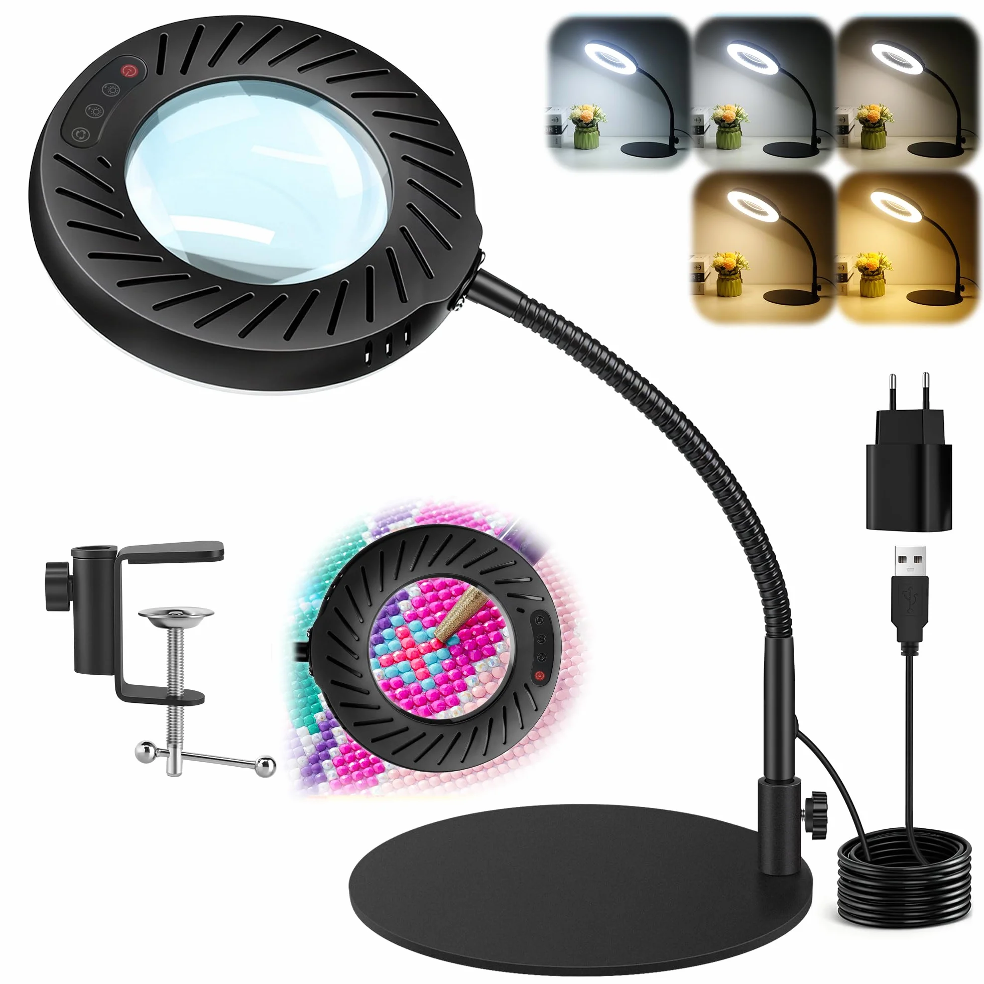 12X Lupa con Luz y Soporte & Mordaza, Adaptador 2A incluido, 5 Modos de Color 9 Brillo, Lupa de Trabajo con 144 LED para Trabajos de Precision Modelismo Pintura de Miniaturas Lectura Coser, Negro