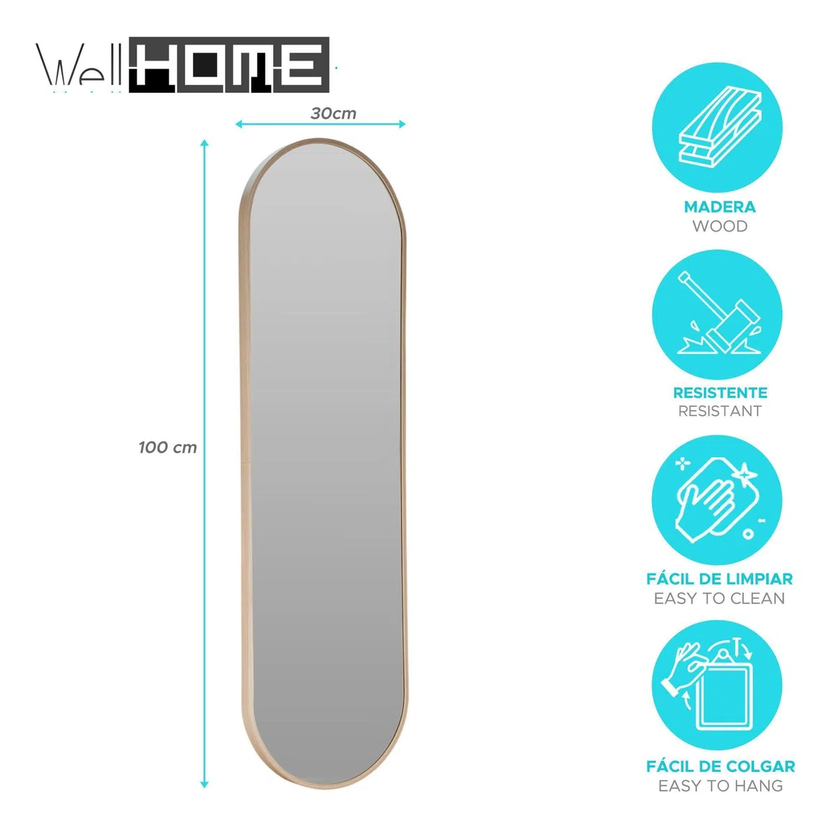 Well Home Espejo Ovalado 30x100cm Marco de Madera Clara, con Gancho Trasero para Pared, Ideal para Dormitorio o Pasillo