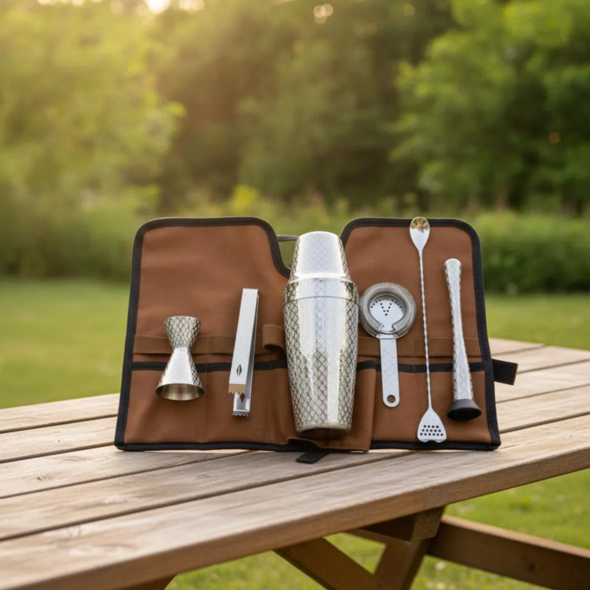 7 Piezas Juego Coctelerí Estuche Enrollable Profesional Kit Barman con Bolsa Lona Compacto Coctelera para Hogar, Juego De Coctelería Boston Grabado Con Patrón De Diamante, Con Base, 7 Piezas