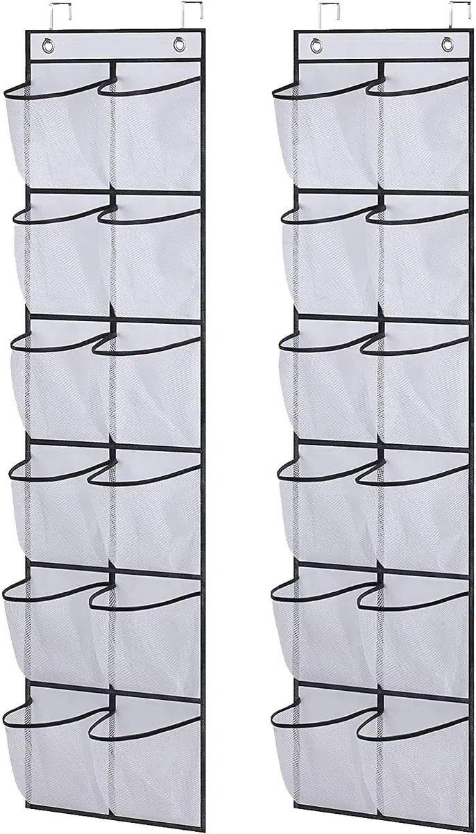 MISSLO Organizador de zapatos para colgar sobre la puerta, 12 bolsillos grandes de malla para colgar zapatos para armario estrecho, dormitorio, baño, organizador con percha, 2 paquetes