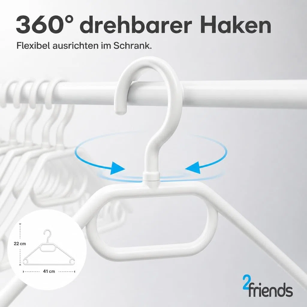 2friends 50 perchas de plástico blanco con ganchos giratorios, 41 cm de plástico blanco, 50 perchas fabricadas en la UE, material 100% reciclado, modelo Lea