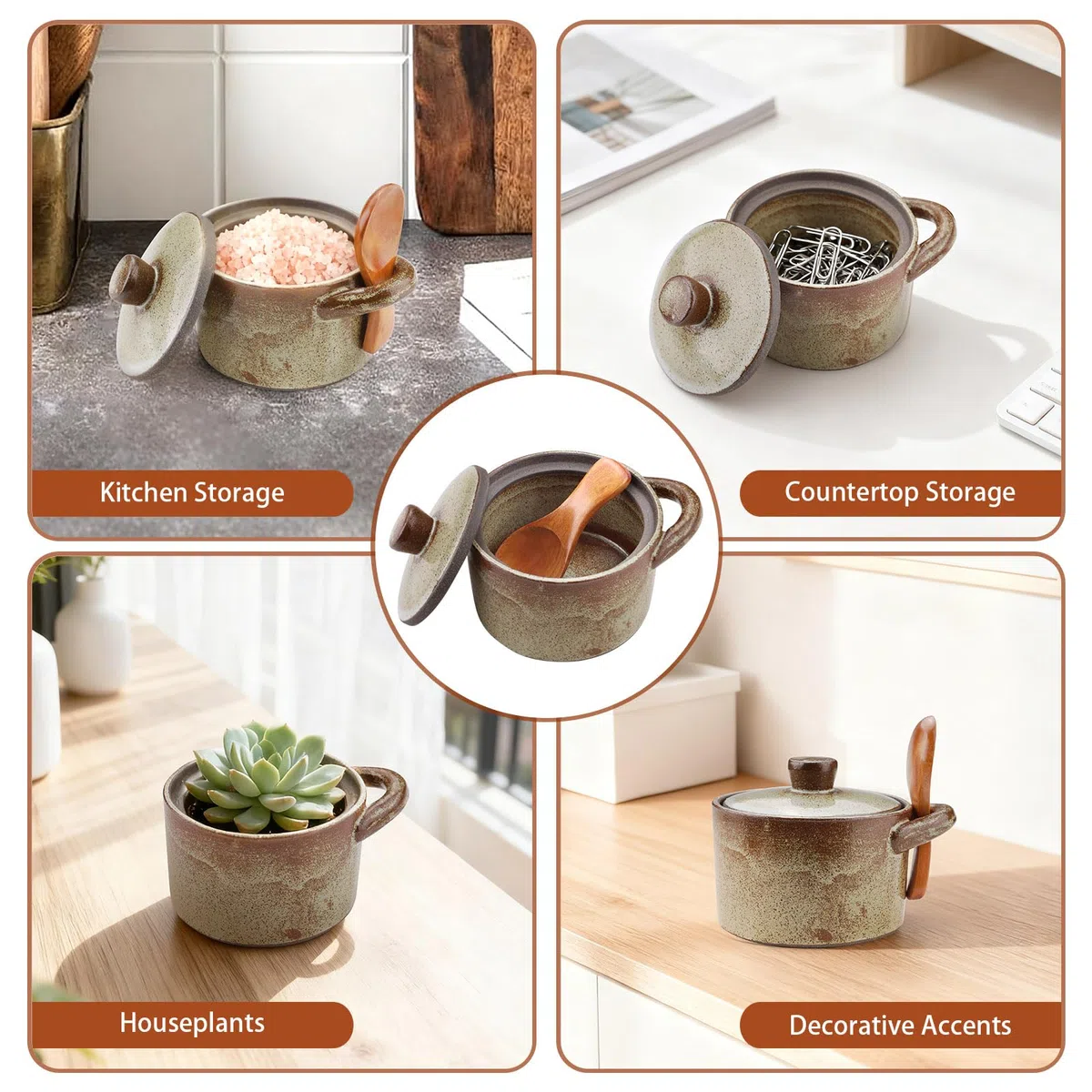 Yitexin Salero de porcelana moteada de 8.5 onzas con tapa y cuchara de madera, soporte para plato de sal de pimienta hecho a mano, tarro de especias esmaltado, recipiente para encimera de cocina