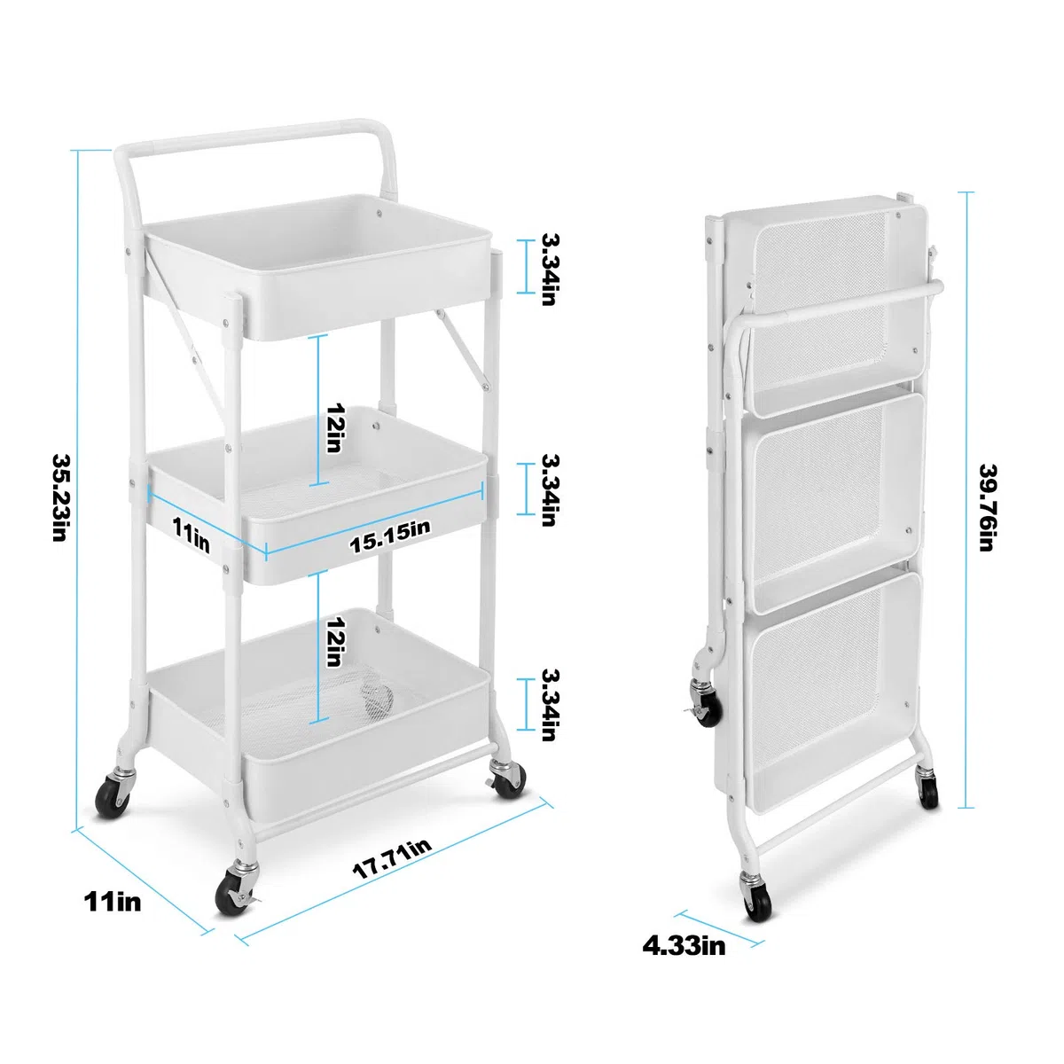 johgee Carrito Plegable de Metal de 3 Niveles, Plegable, multifunción, Organizador para el hogar, Biblioteca, Oficina (Plegable, Blanco)