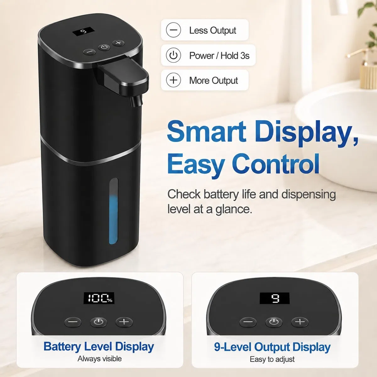 Dispensador automático de jabón líquido, 9 niveles ajustables, 380 ml, dispensador de jabón de manos o jabón para platos, sensor IR y pantalla, montaje en pared o mesa para baño, cocina (negro)