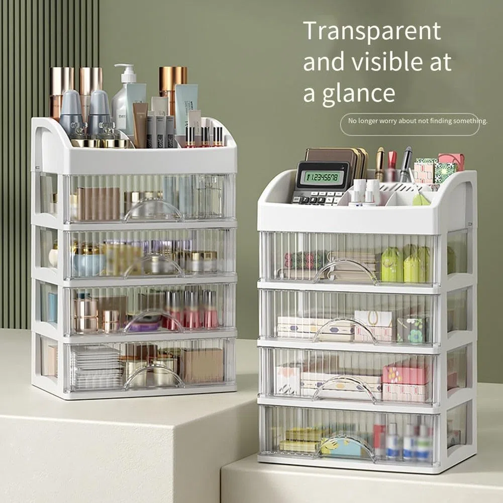 Caja de almacenamiento de maquillaje blanca con cajones, organizador de cosméticos ABS tocador, compartimentos ajustables para el cuidado de la piel y joyas, rosa