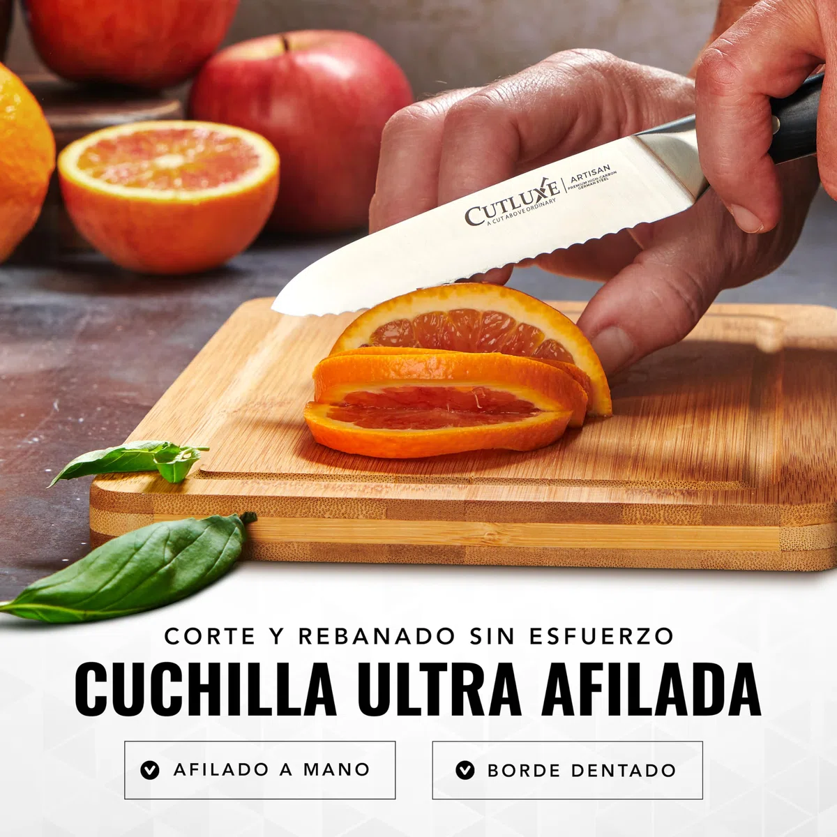 Cutluxe Cuchillo Utilitario Serrado de 13cm - Pequeño Cuchillo Cocina Profesional y Cuchillo de Tomatero - Hoja de Acero Alemán Afilada - Diseño de Mango Ergonómico y Espiga Completa - Serie Artisan