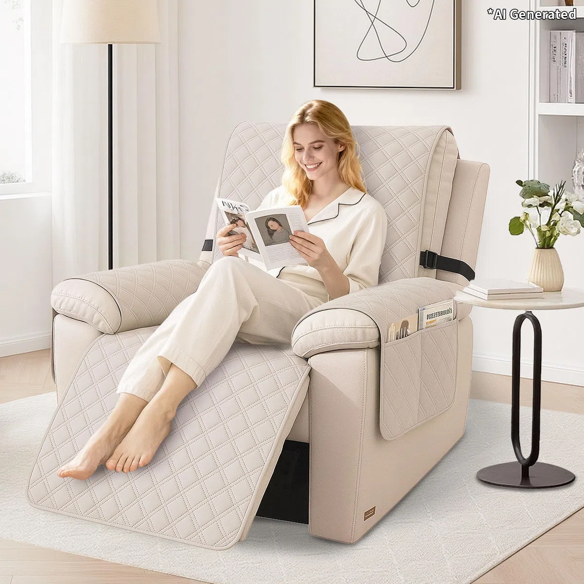 YSTELLAA Funda Sillon Relax Reclinable 1 Plaza, Impermeable Funda Sillon, Fundas para Sillones con Bolsillo Laterales, Mascotas, Antiarañazos(1 Asiento, Beige)