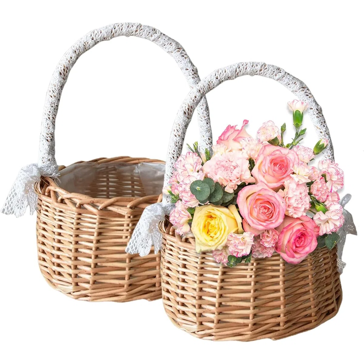 2 Piezas Cesta De Mimbre Cesta De Flores, Cestas Infantiles De Flores De Boda, Cesta Dama De Honor Trenzadas, Cesta Para Comuniones, Decoración De La Mesa De Boda De La Cesta Del Arte