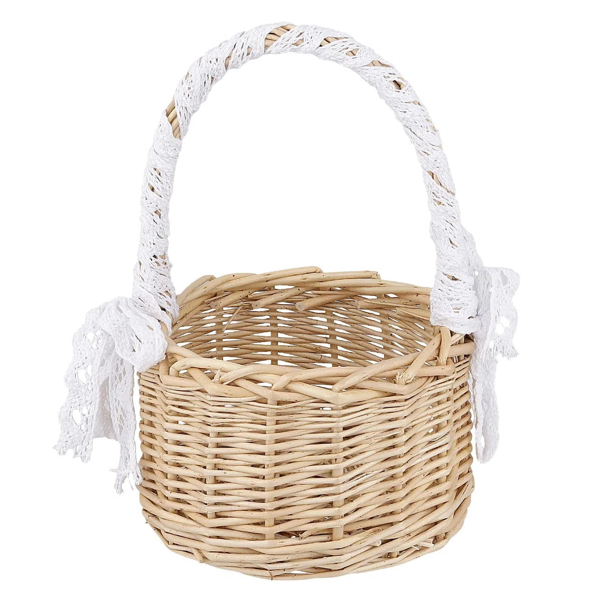 2 Cestas de Flores para Niña Trenzadas a Mano, 22 x 13 cm, con Asa y Encaje Blanco para Bodas, Decoración de Fiesta, Cestas Pequeñas de Mimbre Natural