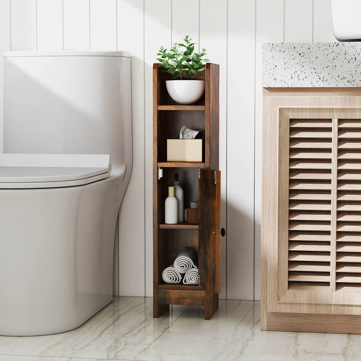LIFEZEAL Armario de Almacenamiento para Cuarto de Baño Estrecho, Mueble de Esquina Compacto con Puerta Cerrada y Estantes Ajustables, Mueble de Almacenamiento (Marrón Rústico)