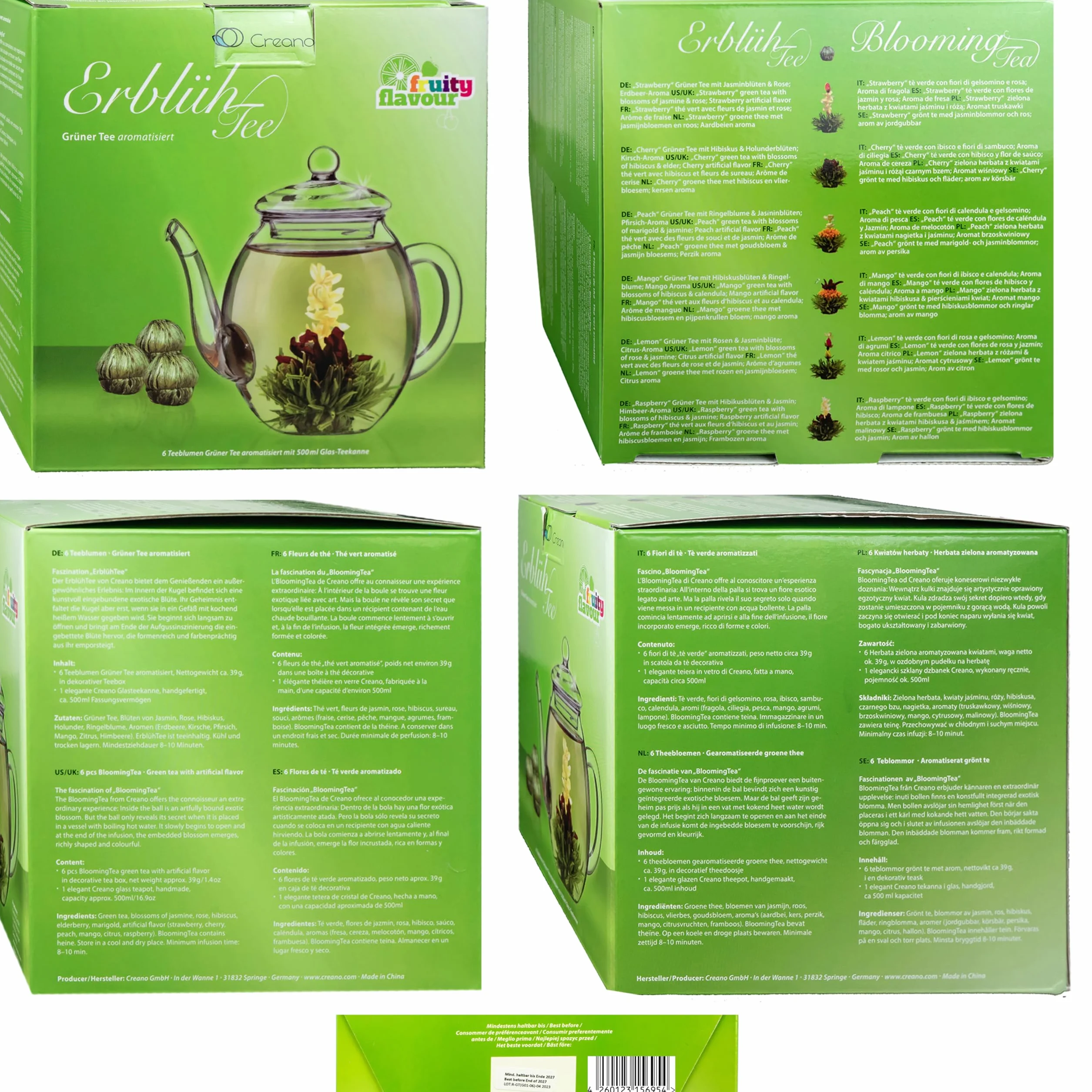 Creano Flores de Té Verde 6 uds en Caja Corazón con Tetera de Vidrio 500ml Antigoteo – 6 Variedades – Regalo Romántico para Ella