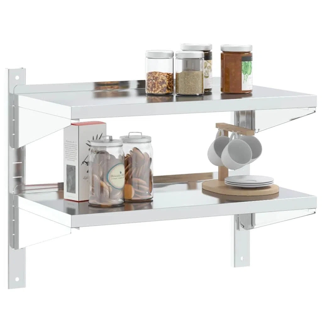 Estantería de pared de acero inoxidable, 2 estantes, 75 x 40 x 60 cm, para gastronomía, garaje y laboratorio, soporta hasta 50 kg, con accesorios de montaje