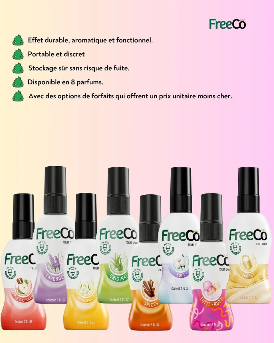 Freeco Spray WC Pre-Uso | Bloquea el Olor Antes de que Empiece con Aceites Esenciales | Hogar, Oficina y Viajes | Pack Variado 4x60ml: Manzanilla, Manzana y Canela, Secreto, Suave