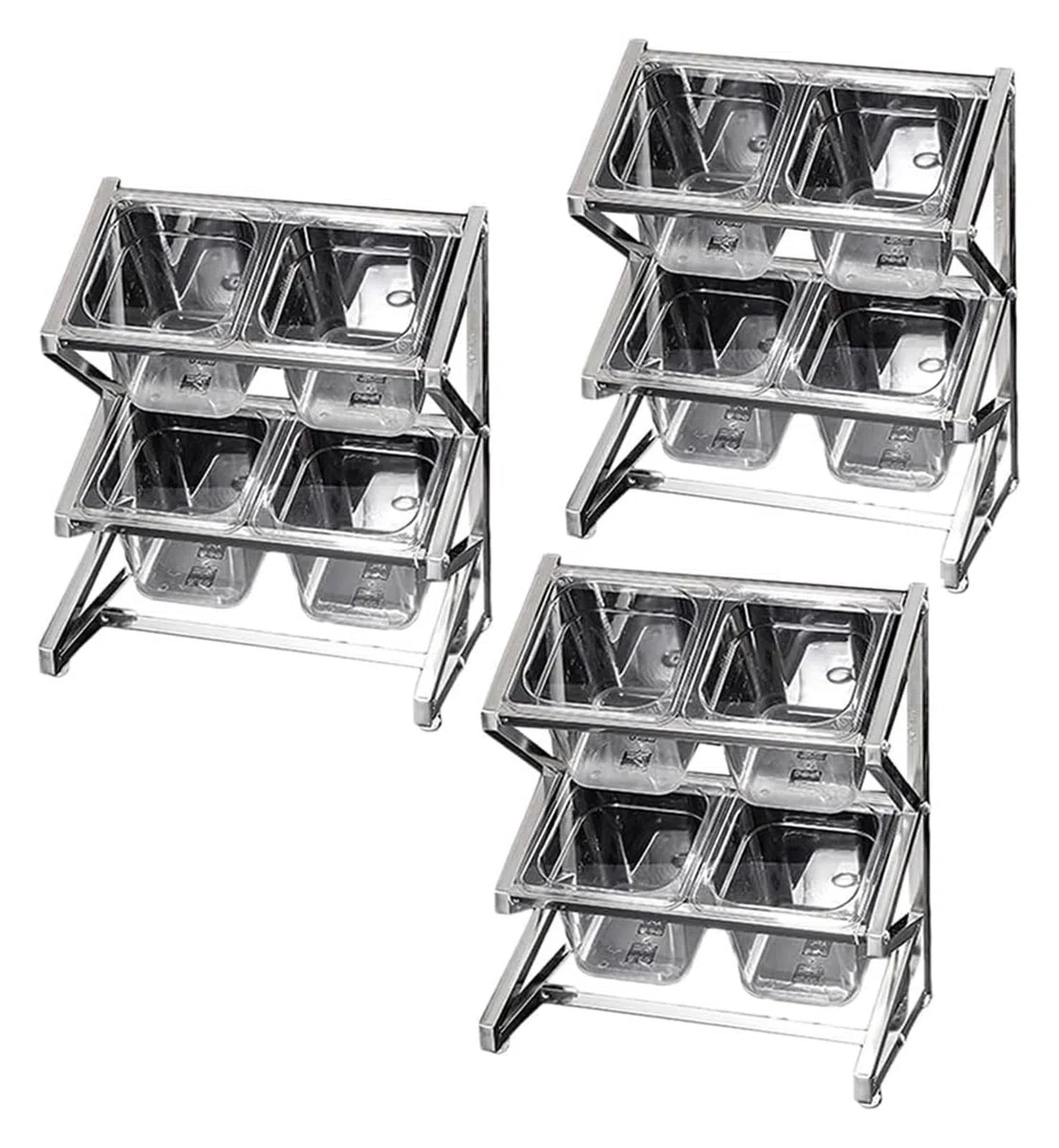 Estadísticas transparentes para pizza, 3 unidades, con tapa de cuchara, 2 filas, para condimentos, plateadas, 63 x 22 x 43 cm