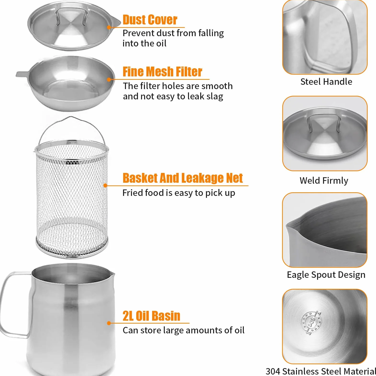 Freidora Acero Inoxidable con Filtro Malla Fina & Cesta, Olla Colador Versátil Tapa Polvo Prueba & Engrasadores, Recipiente Cocina Aceite Capacidad Gran para Grasa, Freír, Cocinar Almacenar (2 L)