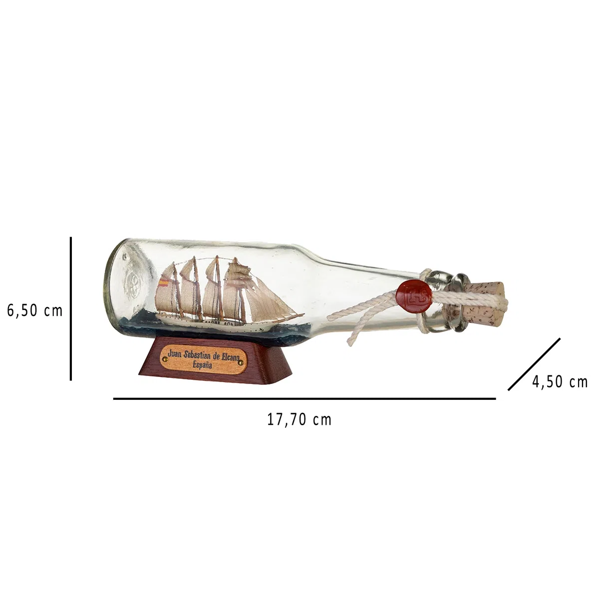 Barco en Botella Juan Sebastián de Elcano España, Maqueta Artesanal de Velero, 17,7 x 6,5 x 4,5 cm, Base de Madera