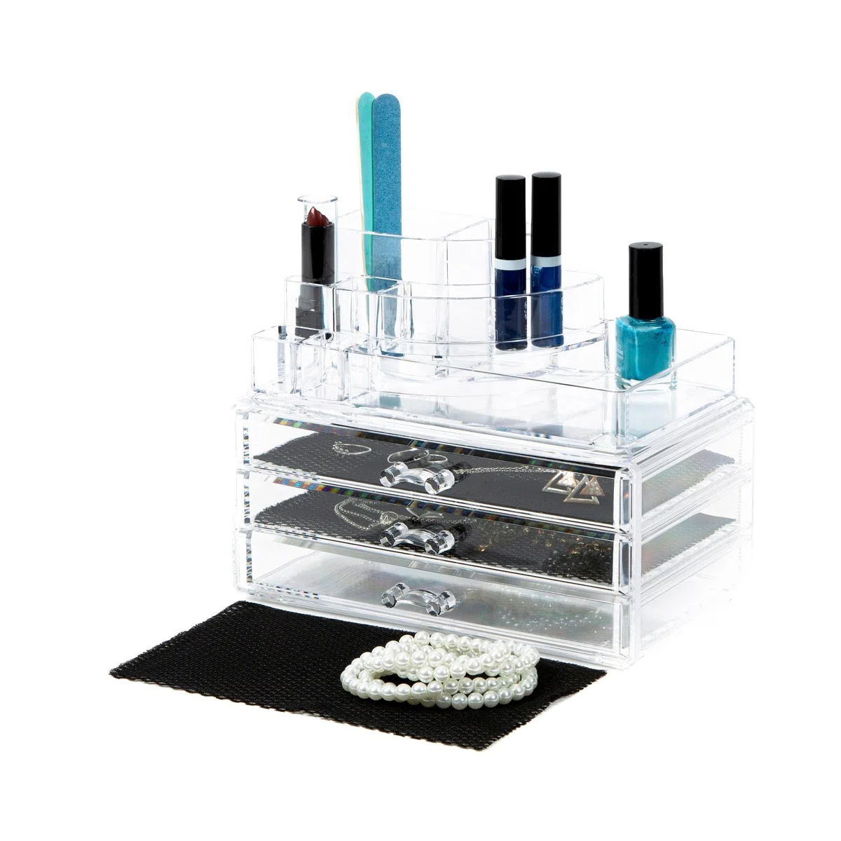 Compactor Organizador de cosméticos y joyería con 3 cajones y múltiples Compartimentos, Transparente, Fabricado en poliestireno, 24 x 15 x 18.7 cm, RAN5055
