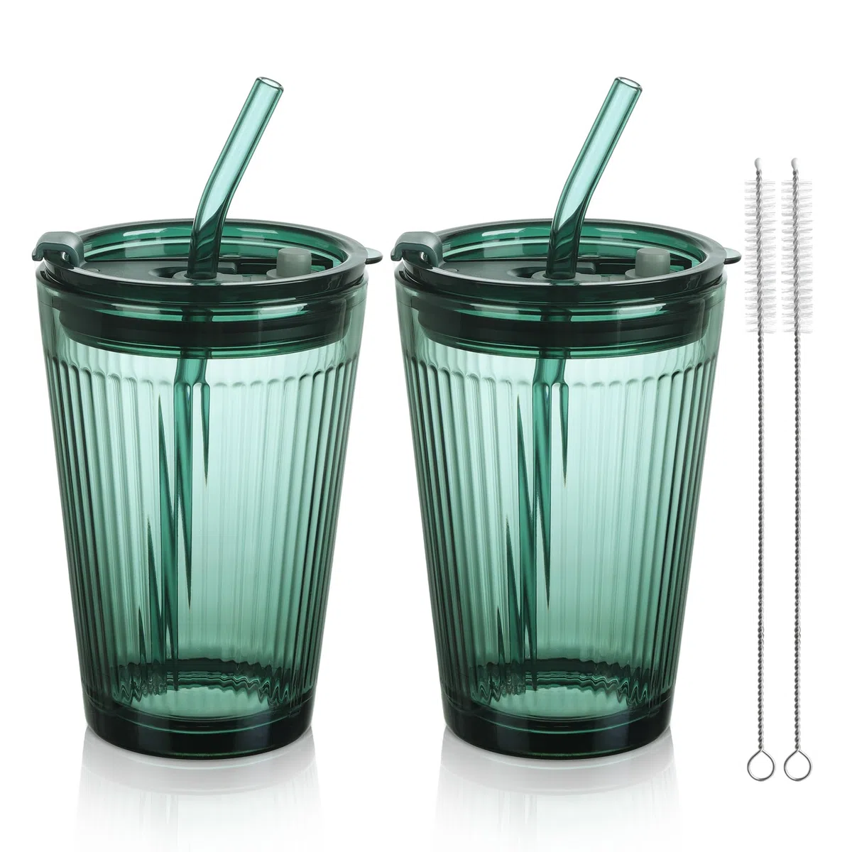 Joeyan 450ml Vaso de Vidrio con Tapa y Pajitas, Juego de 2 Taza de Agua Helada Sellado a Prueba de Fugas, Rayas de Cristal Verde, Taza de Viaje pare Café,Whisky,Batidos,Jugo, Apto para Lavavajillas