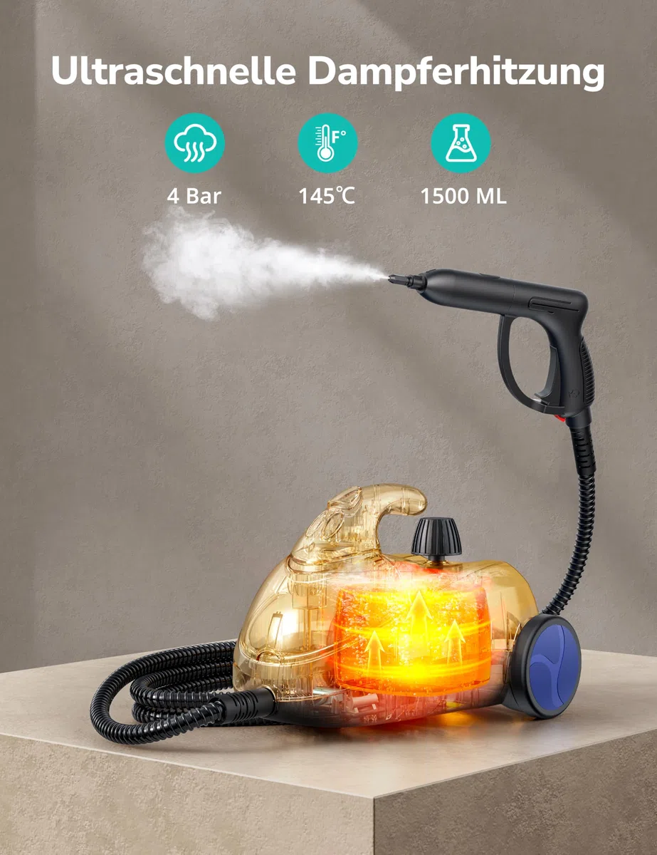 Aspiron Limpiador de vapor a presión de vapor de 4 bares, vapor caliente de 145 °C, multifuncional, con 18 accesorios, con almacenamiento, para coche, cama, alfombra, azulejos y suelos