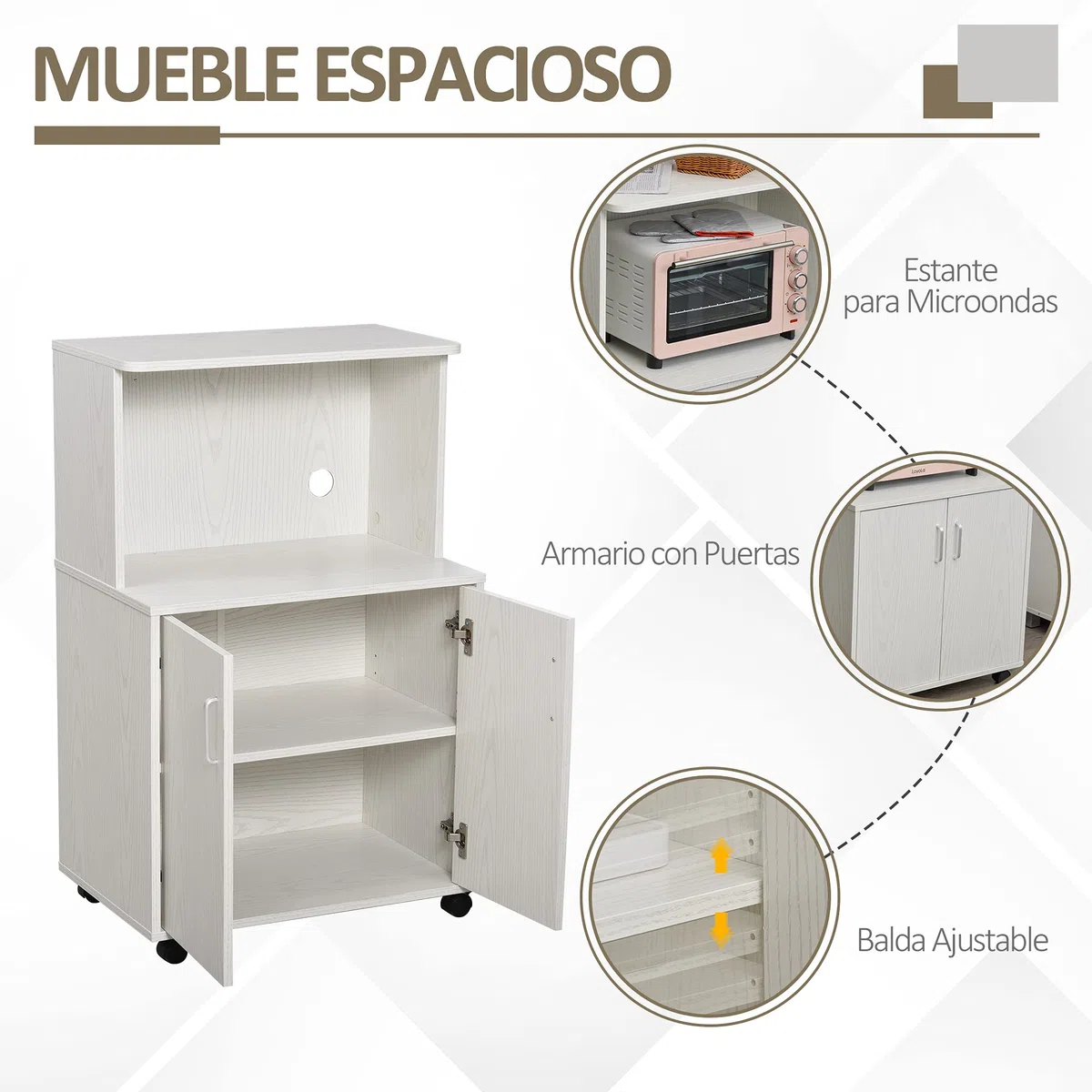 HOMCOM Aparador Auxiliar para Microondas con Ruedas 60,4x40,3x97 cm Blanco | Armario Bajo de Cocina, Armario de 2 Puertas, Estante Ajustable, Carga 70 kg