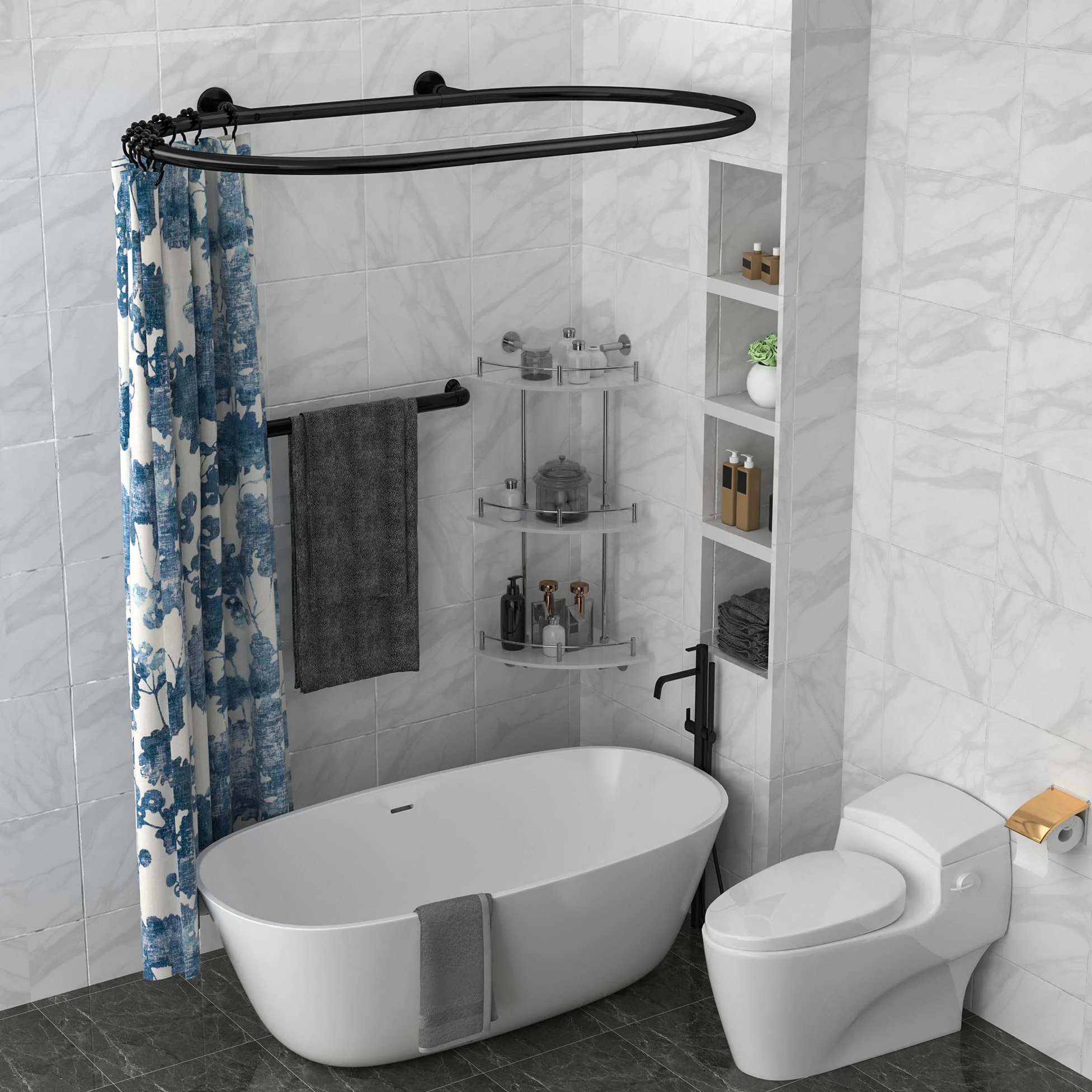 Barra de cortina de ducha ovalada de aleación de aluminio con forma cuadrada para bañeras de pie (negro: 55 pulgadas de largo, 25 pulgadas de ancho)