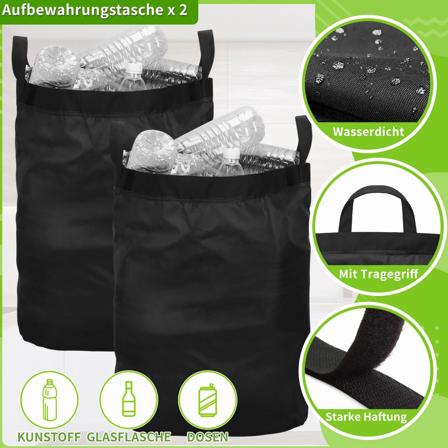 Hysagtek Botellas de depósito de 100 l, recipiente con 2 bolsas de transporte extraíbles, recipiente para depósito de depósitos con tapa, recipiente vacío para la cocina