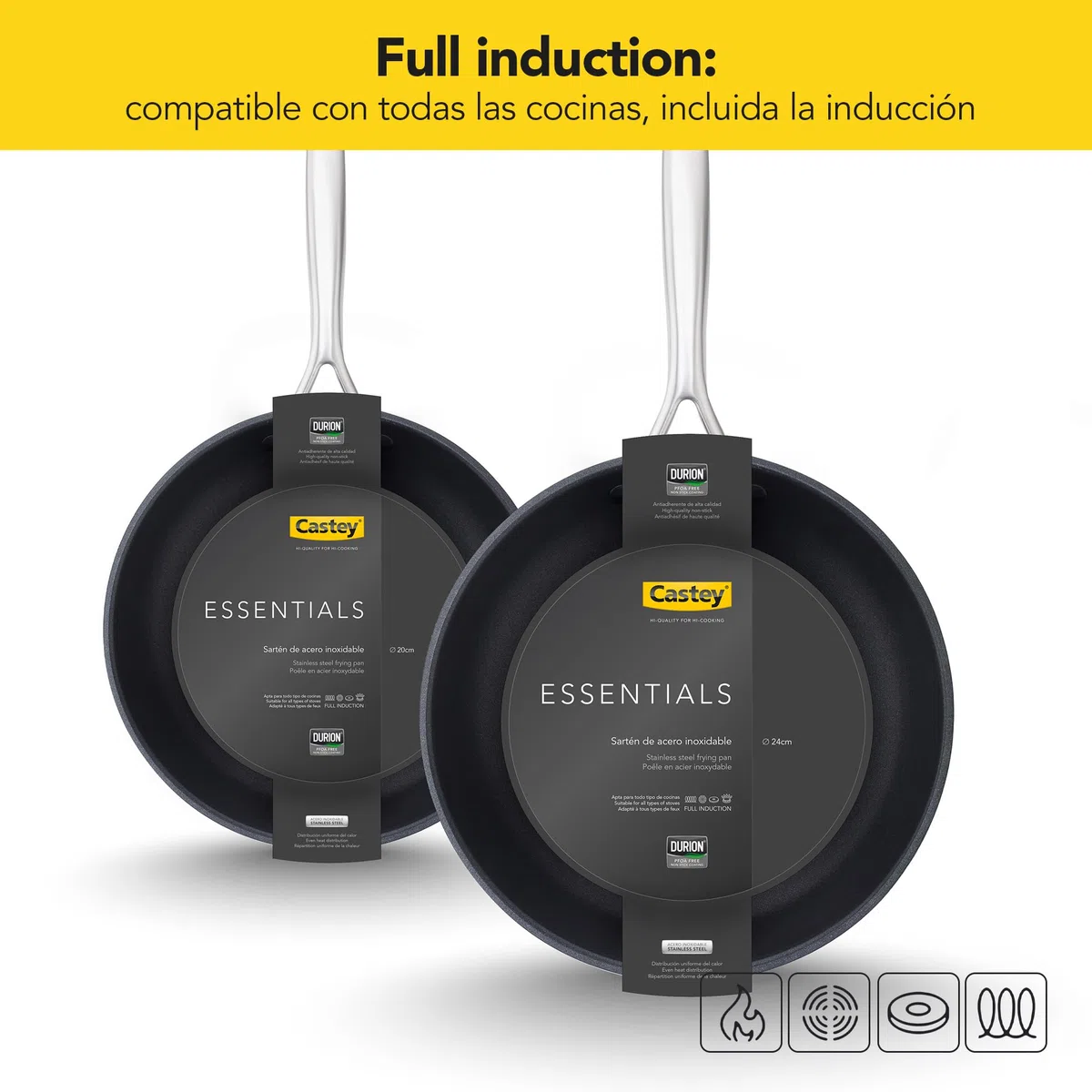 Castey - Sartén Antiadherente Inox Essentials, Modelo EA-S30, Color Plata, Tamaño 30 cm, Acero inoxidable Revestimiento Antiadherente, Apta para Todas las Cocinas, Recubrimiento Durión