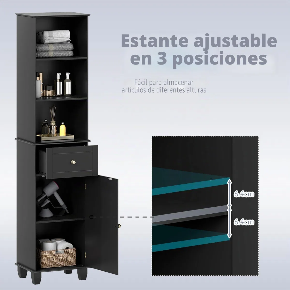 LIFEZEAL Mueble de Baño para Ahorrar Espacio, Columna Alta y Estrecha con 1 Cajón, 3 Estantes Abiertos, 1 Puerta y Patas de Madera Maciza, Armario Aparador para Cocina, Baño y Salón (Negro)