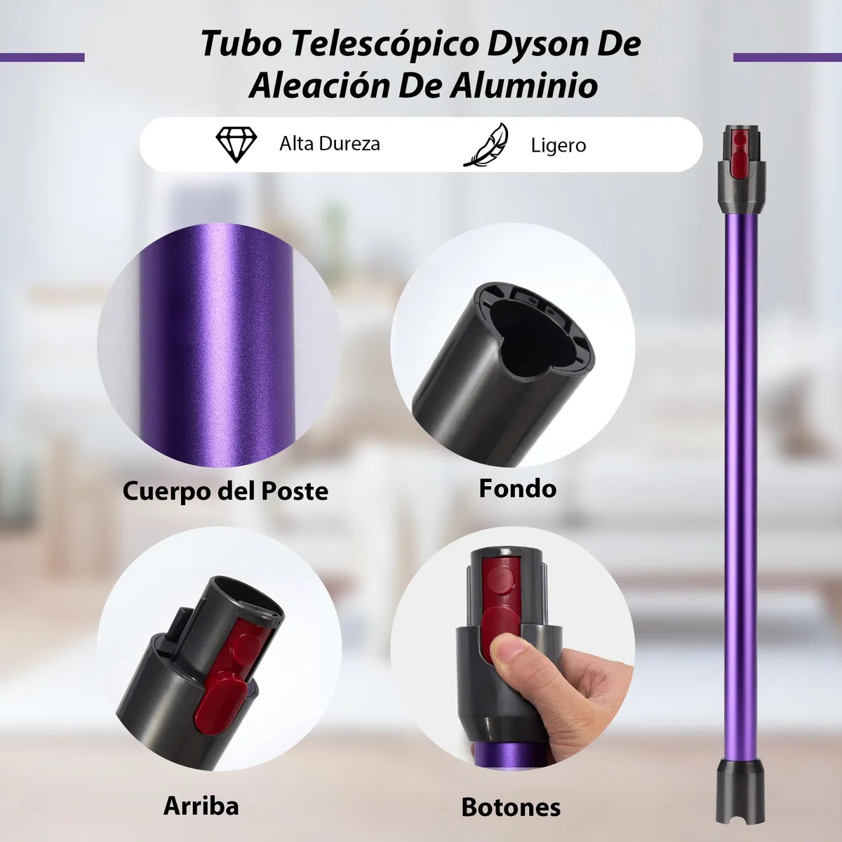 Tubo de Extensión compatible con Dyson V7 V8 V10 V11 V15, Tubo Telescópico Rígido para Aspiradora Dyson, Barra Extensible con Cepillos 2 en 1, Accesorio Aspiradora, Morado