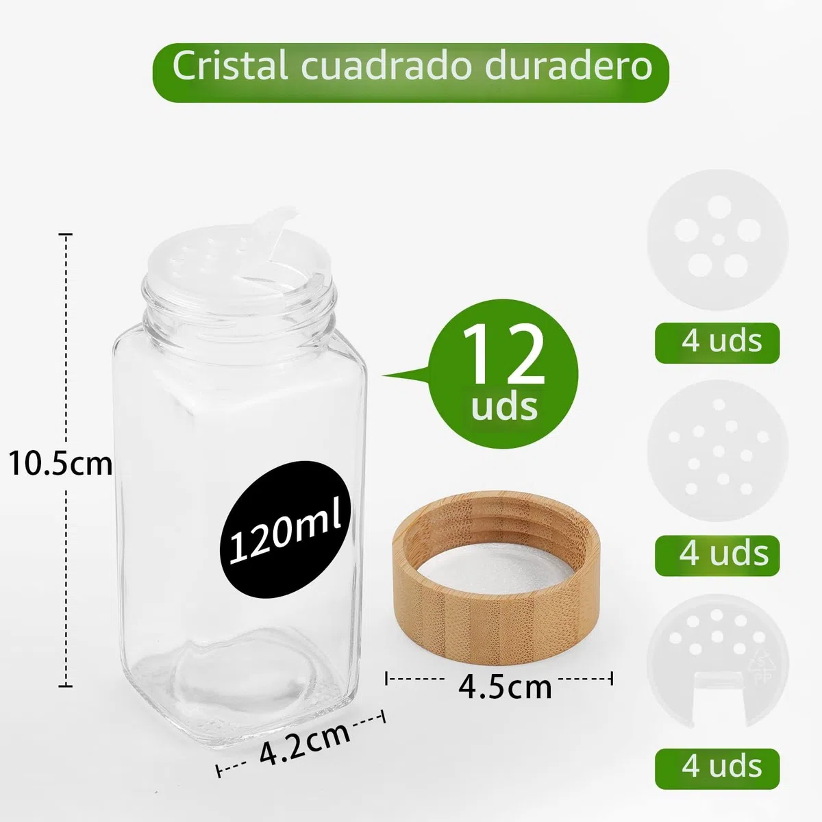 Withosent Juego de 12 tarros de especias rectangulares con tapa de rosca, 120 ml, tarros de especias con tapa, dispensador de especias de cristal, especias, almacenamiento con inserto para esparcir,