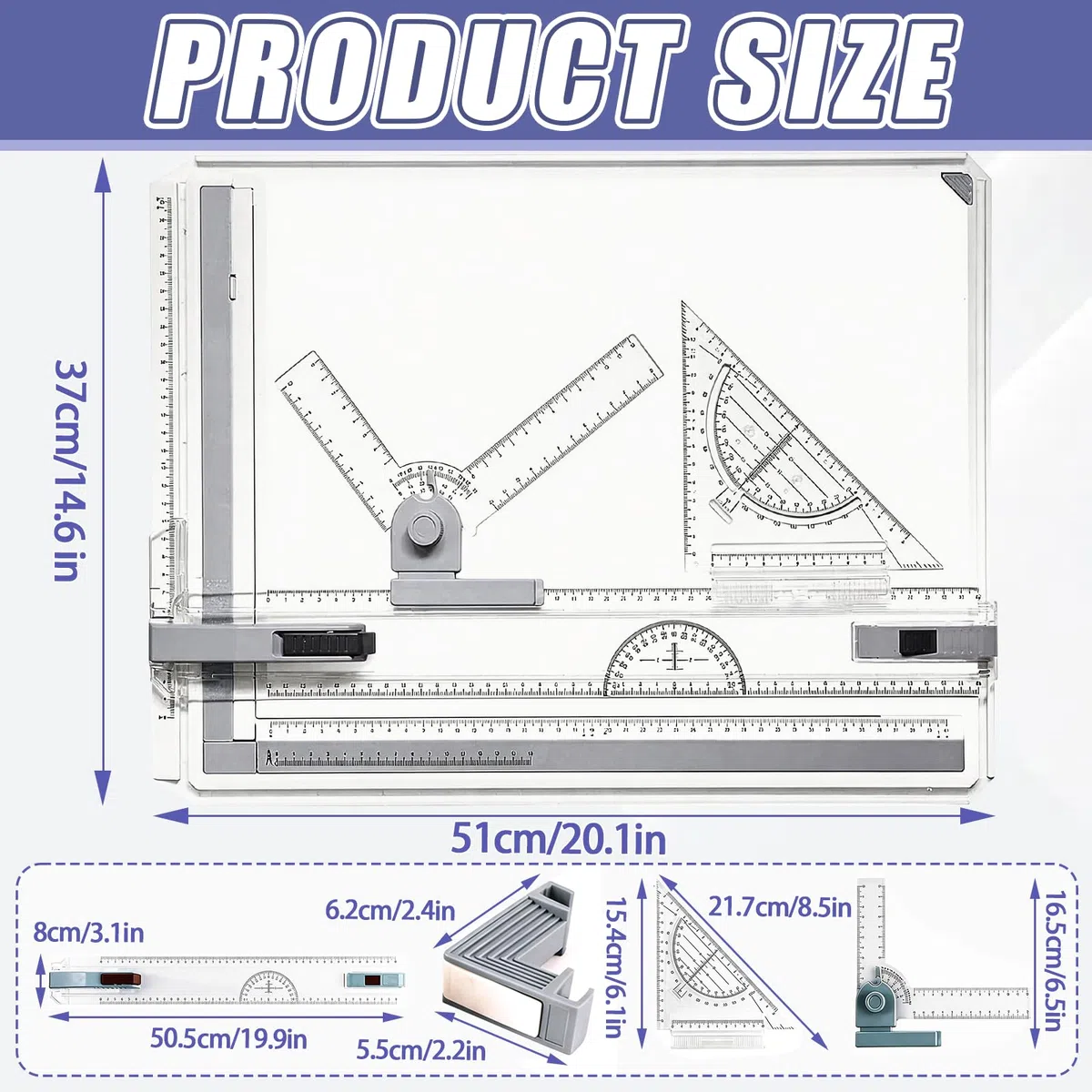 Tablero De Dibujo DIN A3, Con Regla Paralela Y Transportador Set De 6 Piezas Multifuncional Con Pinza Para Papel Regla Y Soporte Ajustable Para Dibujo Técnico Escuela Y Oficina