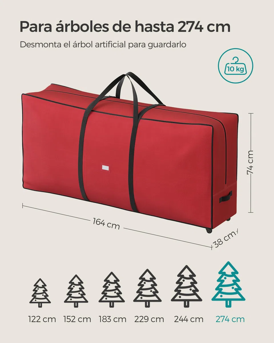 SONGMICS Bolsa de Almacenamiento para Árbol de Navidad con Ruedas de 40 mm, Bolsa Rodante, hasta 274 cm, para Árbol de Navidad Desmontado, Asas Ajustables, Tejido Oxford 600D, Rojo Cereza RXS004R01