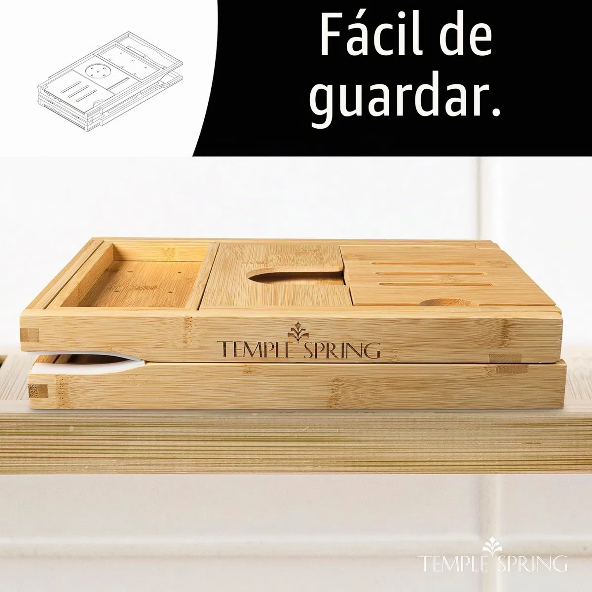 Temple Spring Diseño Único Estante Baño, Bambu Bandeja Baño Plegable, Bandeja Bañera Extensible, Accesorios Bañera – Natural