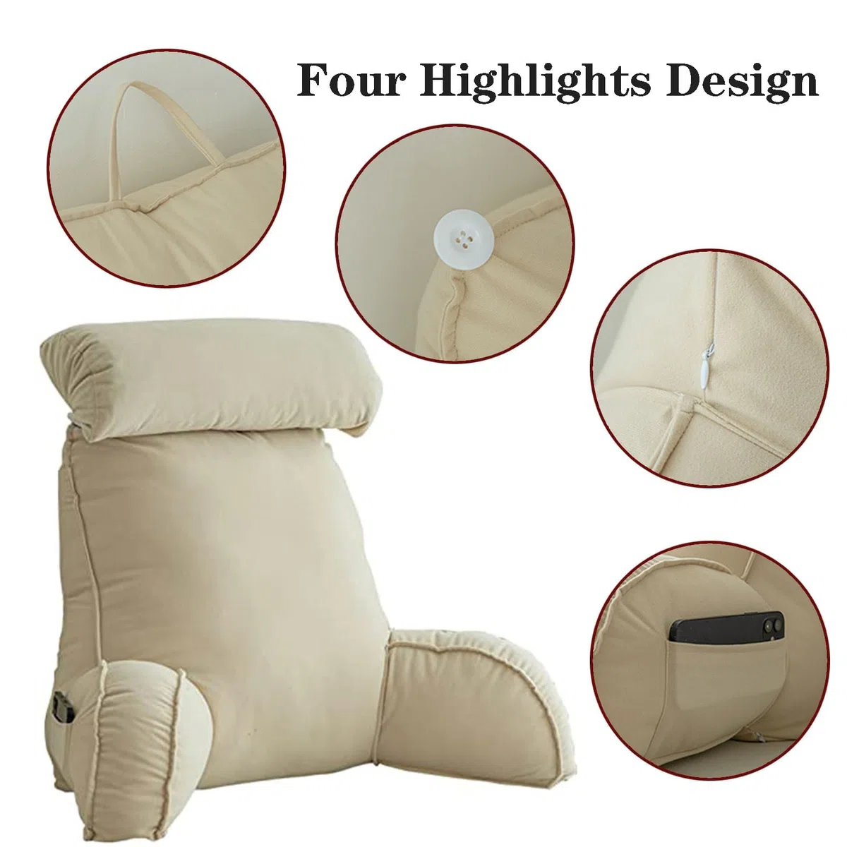 Cojín de Lectura con Reposa Brazos,Almohada para Asiento De Lectura De Cama,Cojín de Apoyo Lumbar,Almohadas de Espalda,Ideal para Trabajar,Leer o Jugar en la Cama/Sofá/Suelo
