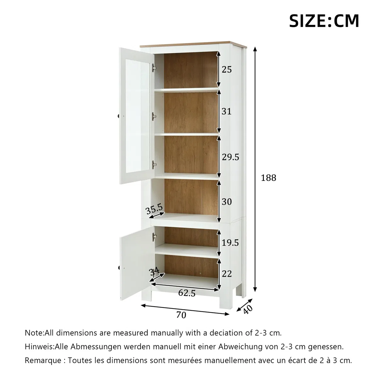 MURUL Armario alto, 70 x 40 x 188 cm, vitrina con 2 puertas, seis estantes, pared trasera en imitación de madera natural, estantes ajustables, vitrina de cristal con LED, color blanco + madera natural