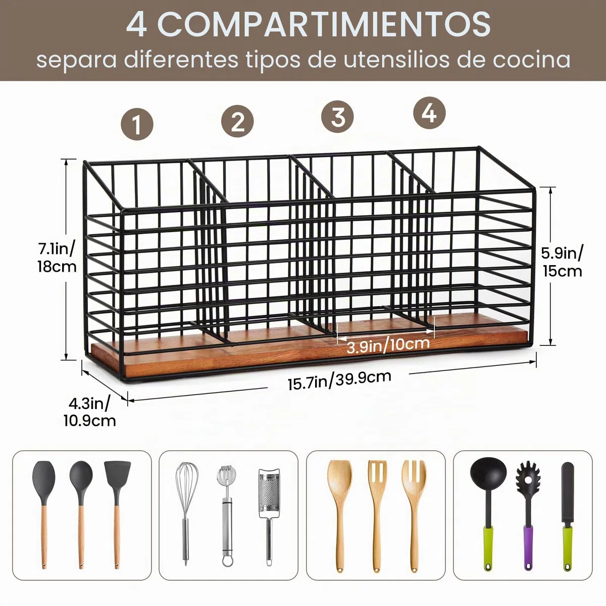 THYGIFTREE Soporte para utensilios para encimera de cocina, organizador de utensilios de cocina de metal negro con base de madera, utensilios de granja para encimera