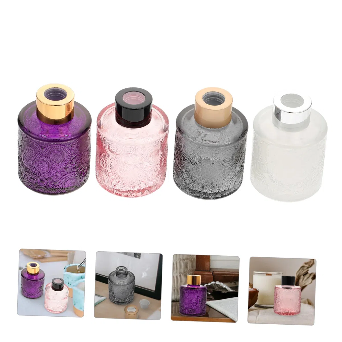 PartyKindom 4piezas Botellas Aromaterapia Relieve Recipientes De Vidrio Decorativas Para Perfume Seco Difusor Hogar Dormitorio Oficina