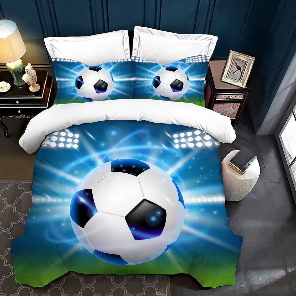 Juego de Ropa de Cama con Funda de edredón,Funda Cama 150,Ropa de Cama 3D Rugby Fútbol Juvenil Niño Chico Niña(Fútbol Azul,135 x 200 cm)