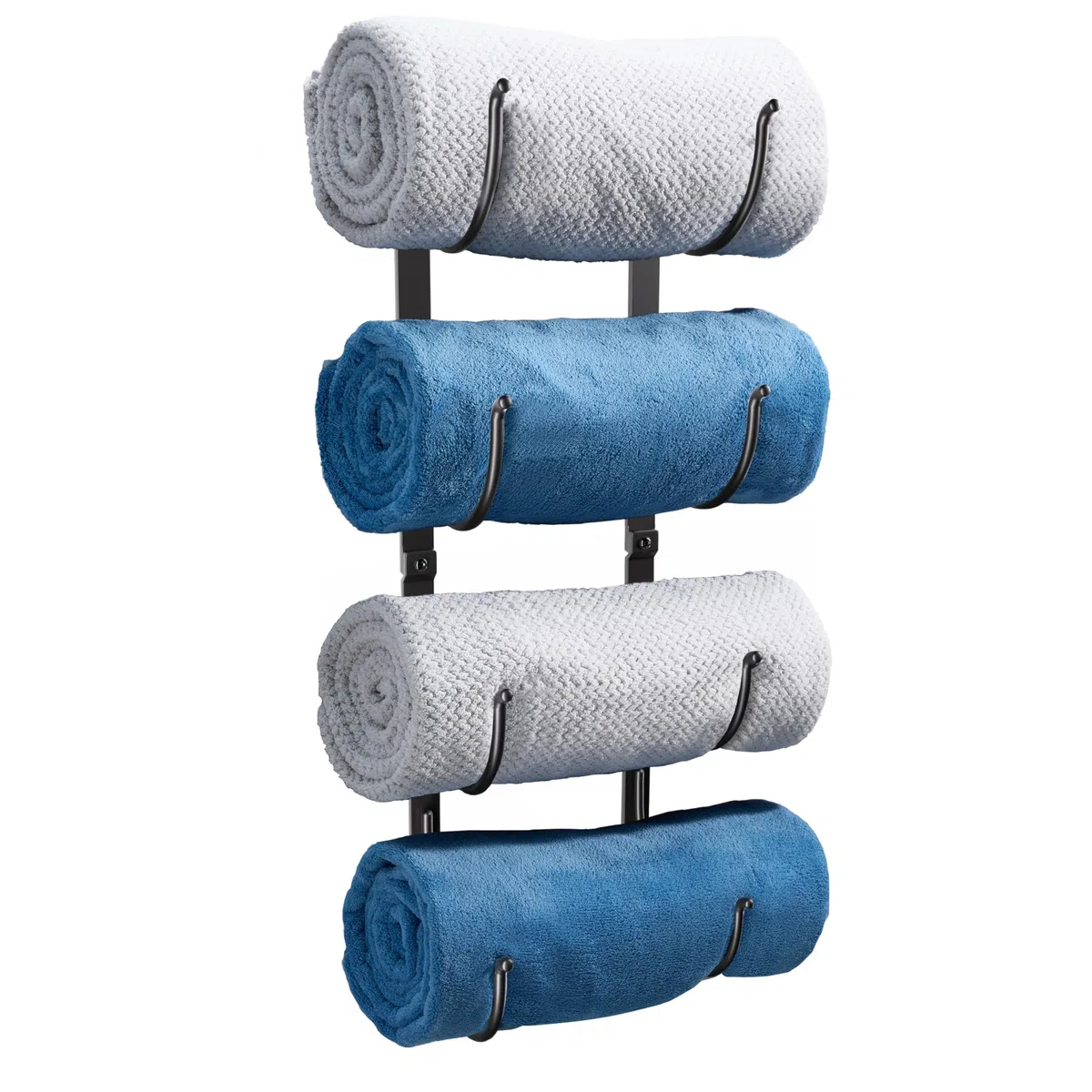 Toallero de baño montado en la Pared – Estante de 4 Niveles de Metal Negro para Toallas enrolladas, Mantas y sábanas Grandes – Organizador Colgante Ahorra Espacio para Armario, Inodoro o Autocaravana