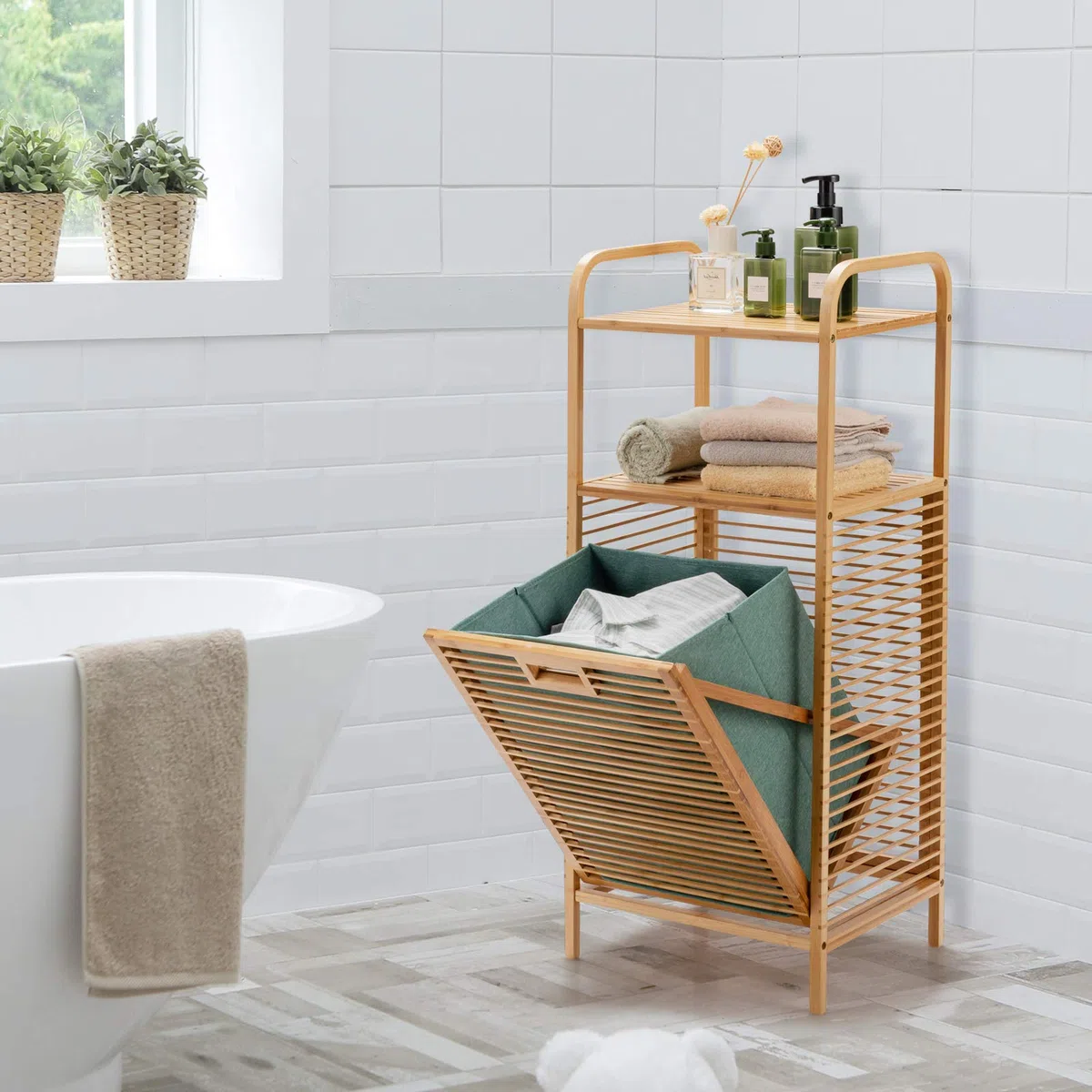 COSTWAY Estantería de Baño con Cesto para Colada, Mueble Ropa Sucia, 2 Estantes Abiertos para Baño Lavandería y Armario, 40,5x33x95,9 cm