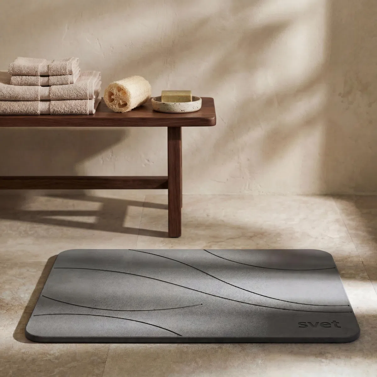 Svet - Alfombra Diatomita Baño - Secado Rápido y Ultra Absorbente, Antideslizante, Antibacteriana y Antihongos, Alfombrilla Baño Diatomita de Piedra. (Brisa Gris Oscuro)