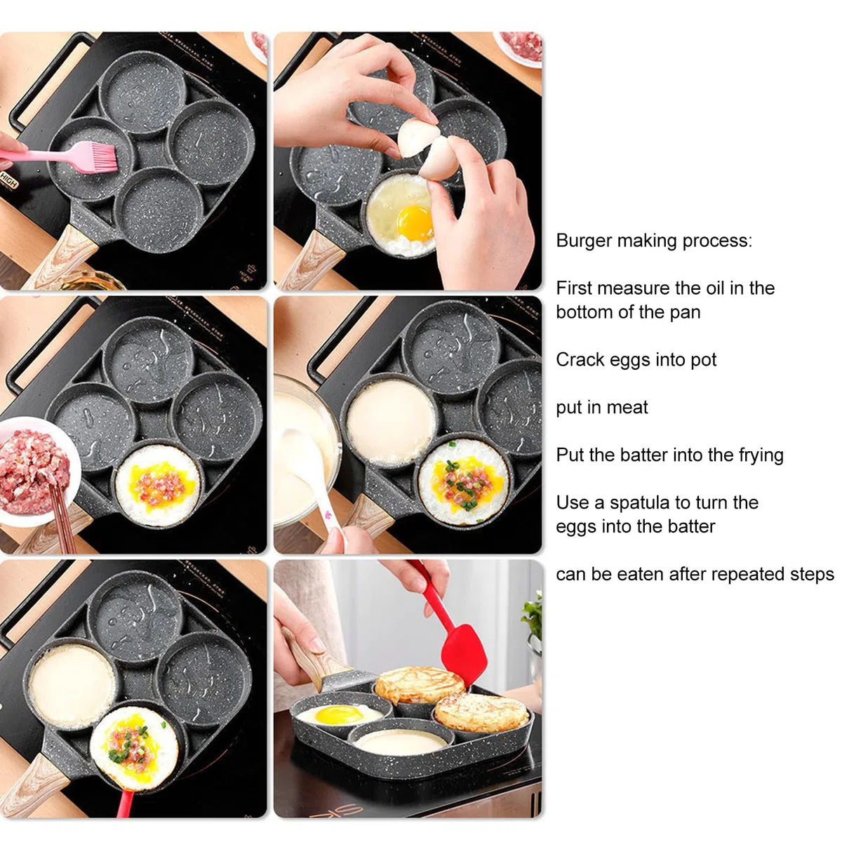 Sartén de 4 orificios, sartén de aluminio, olla plana resistente al calor, sartén antiadherente, sartén para tortillas para panqueques, hamburguesas, accesorio de cocina (-3118220139011)