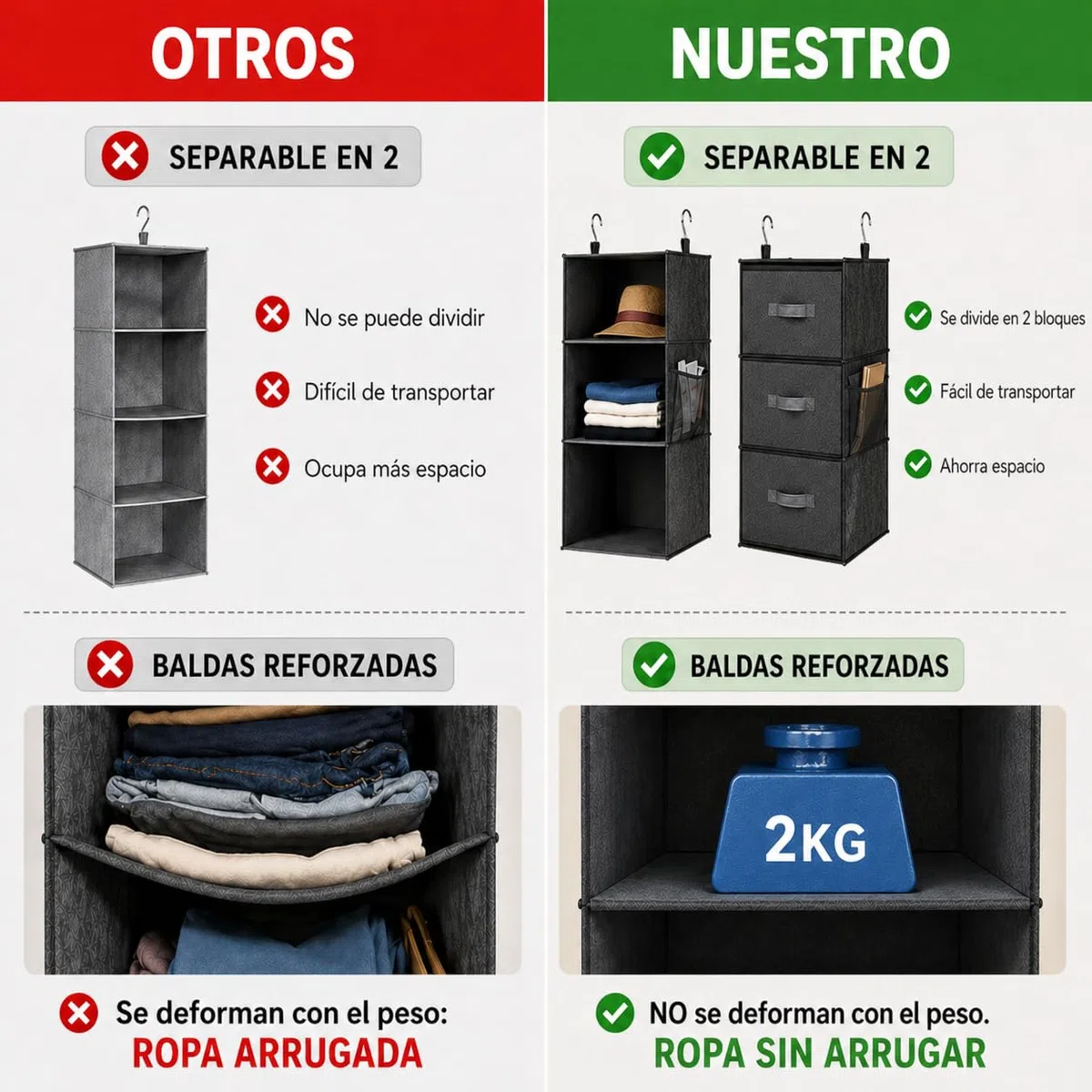 Armario Colgante 6 Baldas con 3 Cajones, Separable en 2 Módulos, Baldas Reforzadas Anti-hundimiento, Estantería Tela Plegable para Ropa, Sistema Vertical de Almacenaje