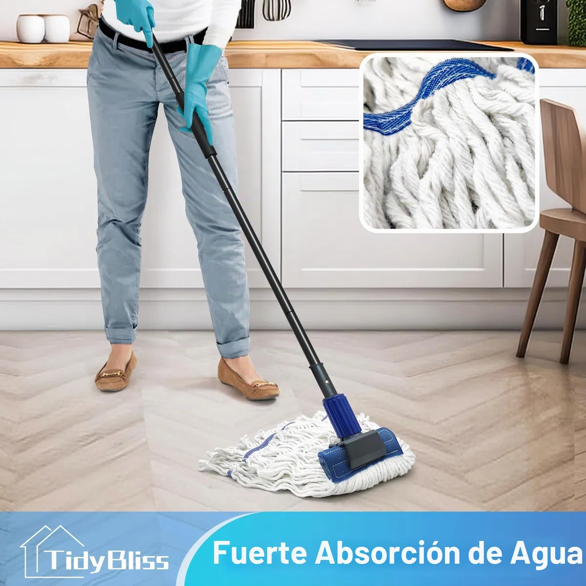 TidyBliss Mopa Fregona Industrial, Mopas de Limpieza de Suelos con Manija Extra Larga de 146 cm, Profesional para Limpieza en Seco y Humedo de Suelos de Madera, Cemento, Azulejos (Azul)