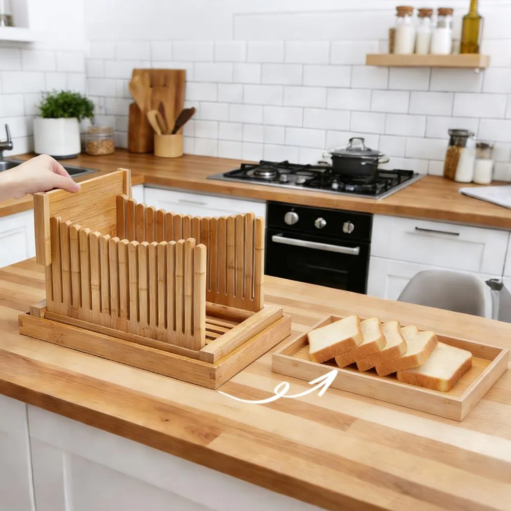 UNICRAFTALE Cortador de pan de bambú ajustable con bandeja para migas, cortador de pan de 31,7 x 21,6 x 17 cm para guía de cortador casero para masa madre, bagels, pasteles, panes, utensilios de