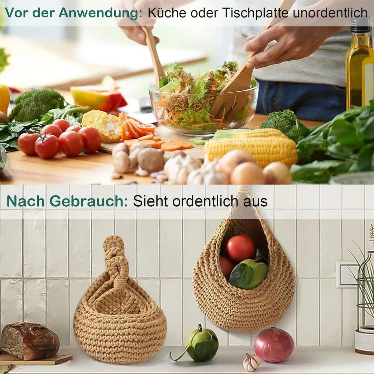 Cesta de frutas colgante trenzada, cesta de frutas colgante de pared con ganchos, tejida a mano, almacenamiento de cocina, cesta de pared, cesta de frutas, cesta de mimbre(S+M+L)