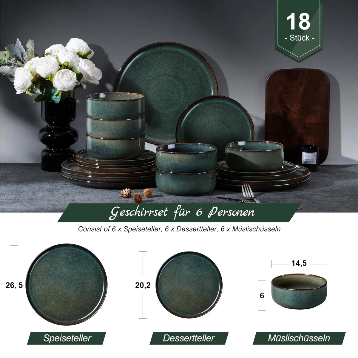 Homikit Juego de vajilla para 6 personas, 18 piezas, de gres, esmalte reactivo, con plato llano, plato de postre, cuencos de cereales, microondas y lavavajillas, color verde