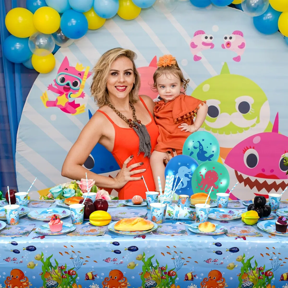 Suministros para fiestas temáticas bajo el mar - Vajilla para fiestas Ocean Sea - Platos llanos Postres Platos Vasos Servilletas Mantel Pajitas, sirve 40