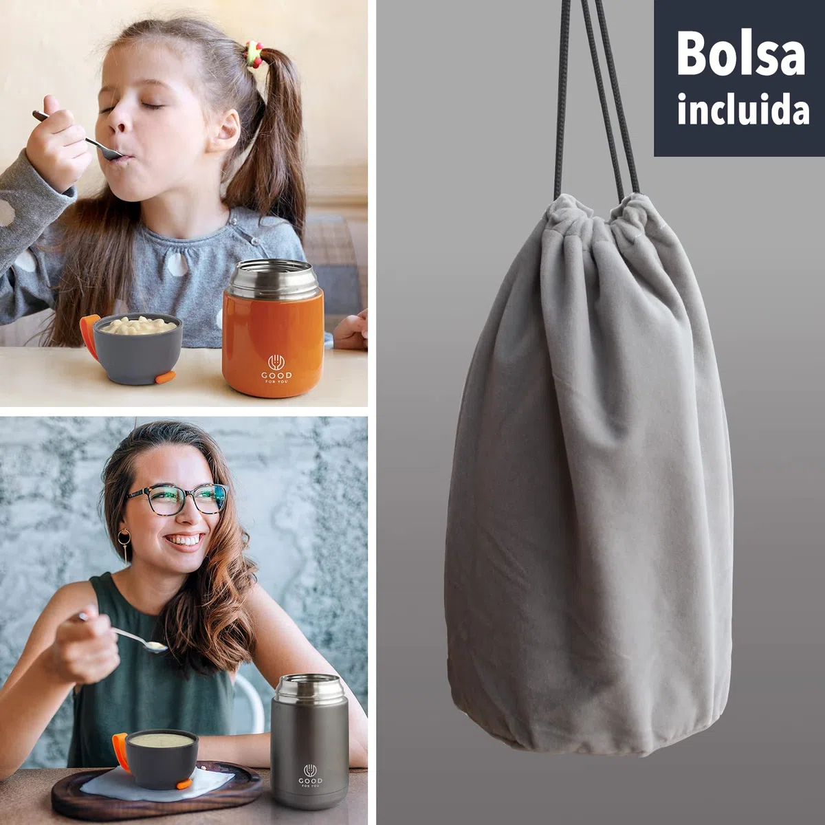 GOOD FOR YOU - Termo de 530ml | Jarra térmica de metal con doble aislamiento para comida, café, agua, etc. Fiambrera bebé, niños, oficina, camping | Con cuchara, color Naranja
