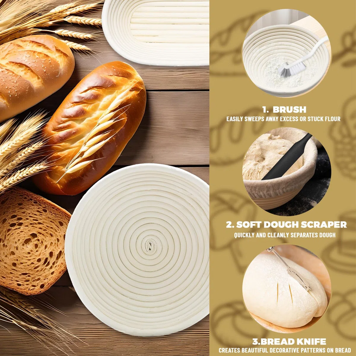Cesta de fermentación de pan de 8 piezas – Juego de fermentación de pan en casa con 2 cestas de fermentación tarro de levadura madre cuchilla espátula masa batidor masa cepillo y medidor de